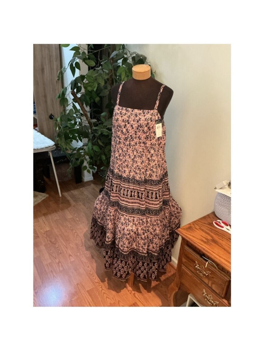 CHAPS Floral Maxi Sundress Blue Black Boho Tiered Dress XL NWT